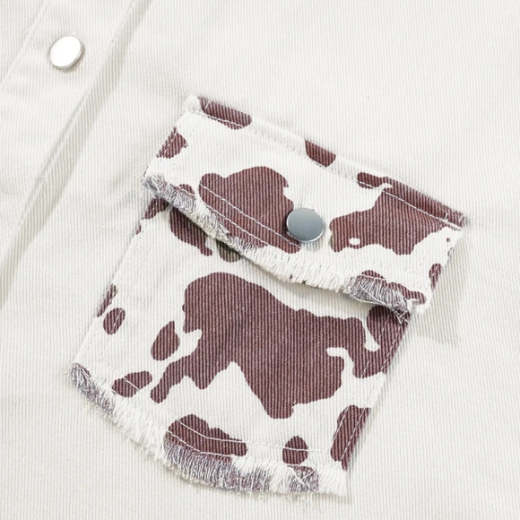 Cow Patchwork Oversized Denim Button-Up Collar Jean Jacket Frayed Exposed Seam - Picture 6 of 16